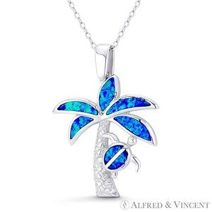Tropical Coconut Palm Tree & Sea Turtle Lab-Created Opal Sterling Silver Pendant